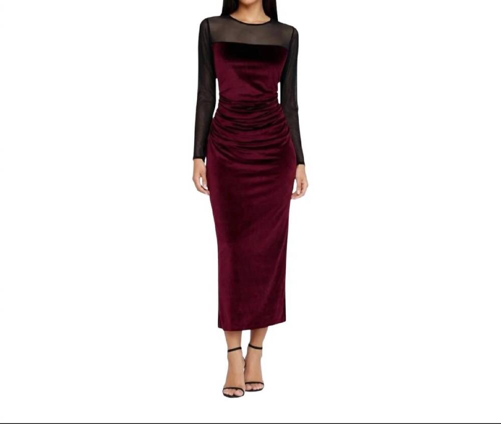 NEW AMANDA UPRICHARD women's velvet mesh midi dress in burgundy